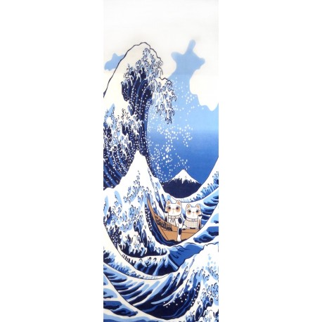 Tenugui Collection Fuku Neko - Grande vague d'Hokusaï