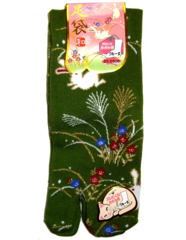 Japanese split toes socks. Crew Tabi socks - Size 35 to 39 - Rabbits and wild flowers