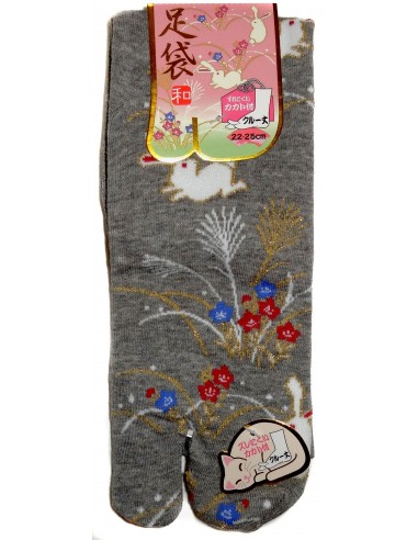 Japanese split toes socks. Crew Tabi socks - Size 35 to 39 - Rabbits and wild flowers