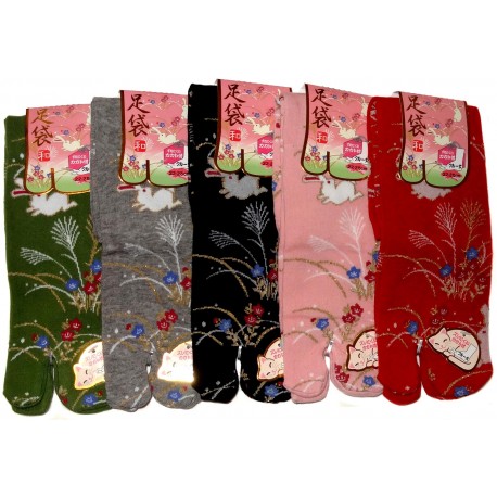 Japanese split toes socks. Crew Tabi socks - Size 35 to 39 - Rabbits and wild flowers