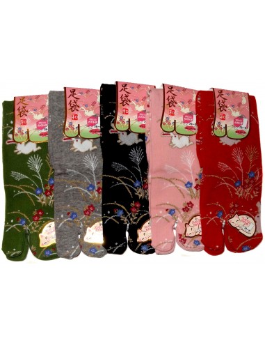 Japanese split toes socks. Crew Tabi socks - Size 35 to 39 - Rabbits and wild flowers