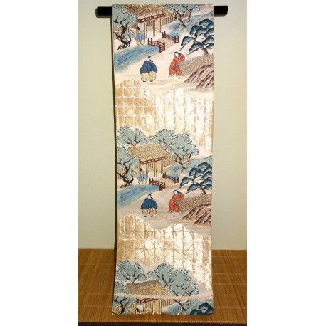 Ceinture de kimono Fukuro Obi champagne **RARE** motifs de scène féodale
