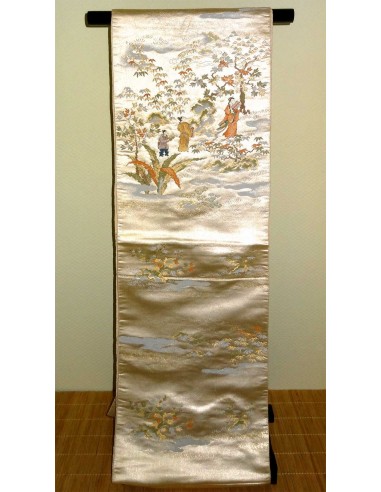 Kimono belt: Silk champagne obi **RARE** Feudal scenery