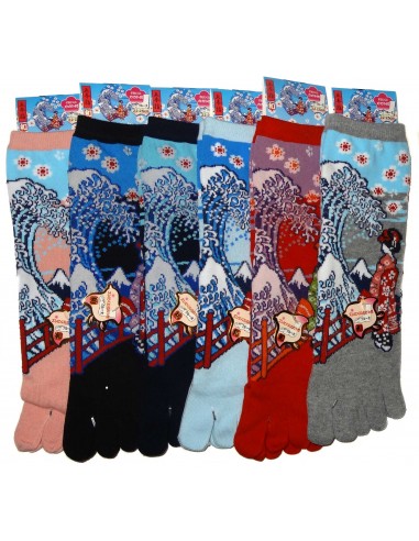 Chaussettes 5 orteils mi-mollet - Du 35 au 39 - Maiko et vague. Chaussettes orteils japonaises.