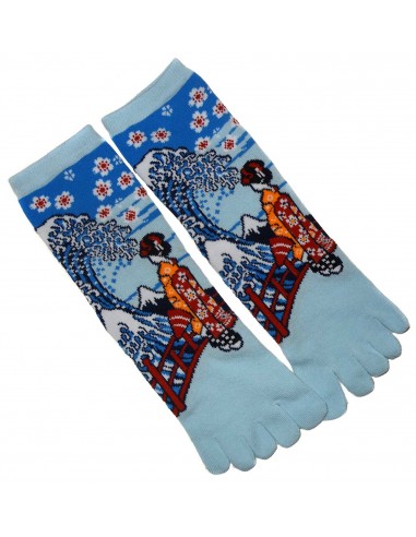 Chaussettes 5 orteils mi-mollet - Du 35 au 39 - Maiko et vague. Chaussettes orteils japonaises.