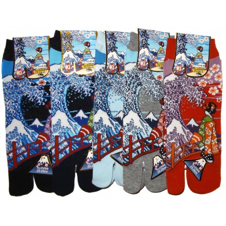 Japanese Tabi split toes socks - Size 39 to 43 - Maiko and great wave. 