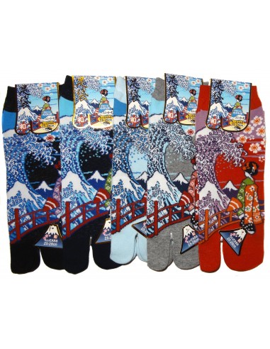 Chaussettes japonaises tabi - Du 39 au 43 - Motifs Maiko et vague. Chaussettes à orteils.