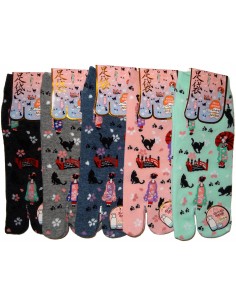Chaussettes japonaises Tabi - Du 35 au 39 - Geisha et chats. Chaussettes orteils japonaises.