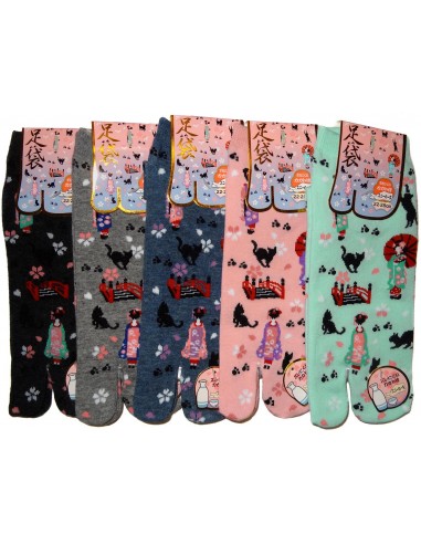 Chaussettes japonaises Tabi - Du 35 au 39 - Geisha et chats. Chaussettes orteils japonaises.