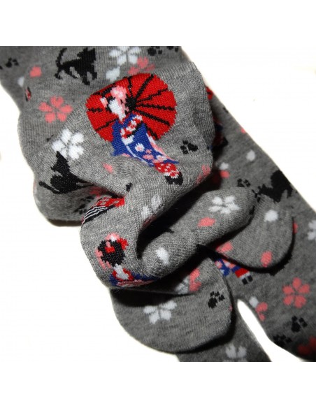 Chaussettes japonaises Tabi - Du 35 au 39 - Geisha et chats. Chaussettes orteils japonaises.