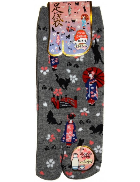 Chaussettes japonaises Tabi - Du 35 au 39 - Geisha et chats. Chaussettes orteils japonaises.