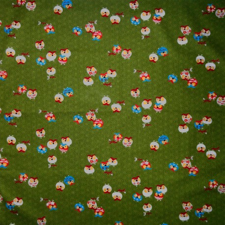 Japanese cloth 52x52 green - Owls prints. Gift wrapping cloth.