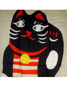 Grey beige cotton Noren - Black Maneki Neko. Japanese divider curtains. 2