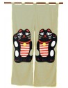 Grey beige cotton Noren - Black Maneki Neko. Japanese divider curtains.