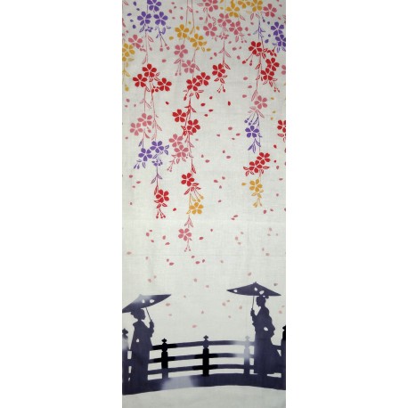 Tenugui réversible - Rencontre sous les cerisiers. Tissus et textiles japonais.