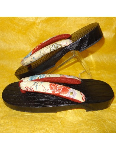 Geta 24 cm – Bride crème imprimés floraux. Sandales japonaises yukata