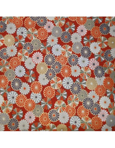 Carré de tissu 52 x 52 rouge orangé - Chrysanthèmes. Tissus japonais furoshiki.