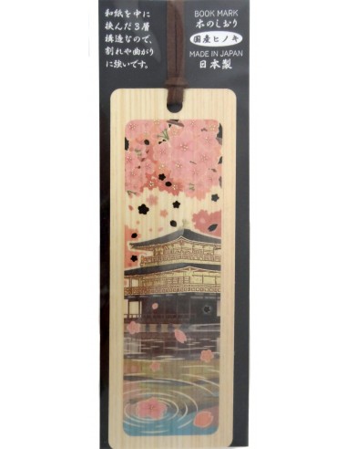 Hinoki Wooden Bookmark - Kingakuji and Sakura