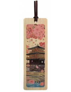 Hinoki Wooden Bookmark - Kingakuji and Sakura