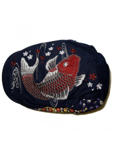 Embroidered flat cap - Koi Sakura - Navy blue