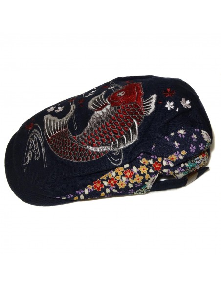 Embroidered flat cap - Koi Sakura - Navy blue
