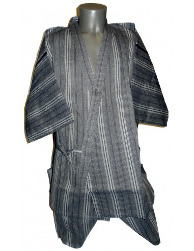 Jinbei Tunique vêtement japonaise d'été -  bleu grisé - Taille LL - Coton et Lin