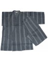 Jinbei Tunique vêtement japonaise d'été -  bleu grisé - Taille LL - Coton et Lin