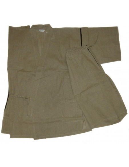 Jinbei Tunique vêtement japonaise d'été - beige verdâtre - Taille LL - Coton et Lin Jinbei Tunique vêtement japonaise d'été - beige verdâtre - Taille LL - Coton et Lin