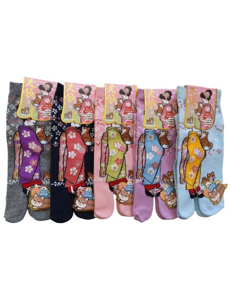 Boutique et achat de chaussettes japonaises tabi type sneaker (bord du talon), motifs de Maiko et chiot Shiba