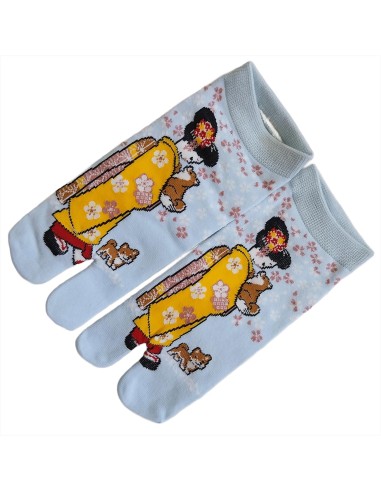 Boutique et achat de chaussettes japonaises tabi type sneaker (bord du talon), motifs de Maiko et chiot Shiba