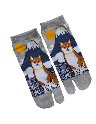 Boutique de chaussettes japonaises tabi type sneaker (bord du talon), motifs de Mont Fuji et chien Shiba.